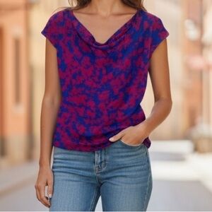 Pippa Shell Blouse Blue Pink Geometric Floral Silk